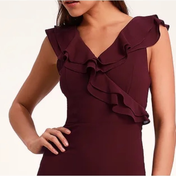 Lulu’s Majesty Burgundy Ruffled Salsa V-Neck Flutter StrapsMaxi Dress Size 1x - Picture 7 of 12